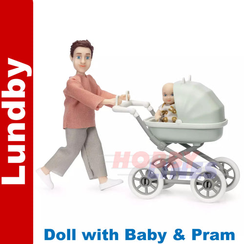 LUNDBY FIGURE with PRAM & BABY Doll's House 1:18th jointed LUNDBY Sweden