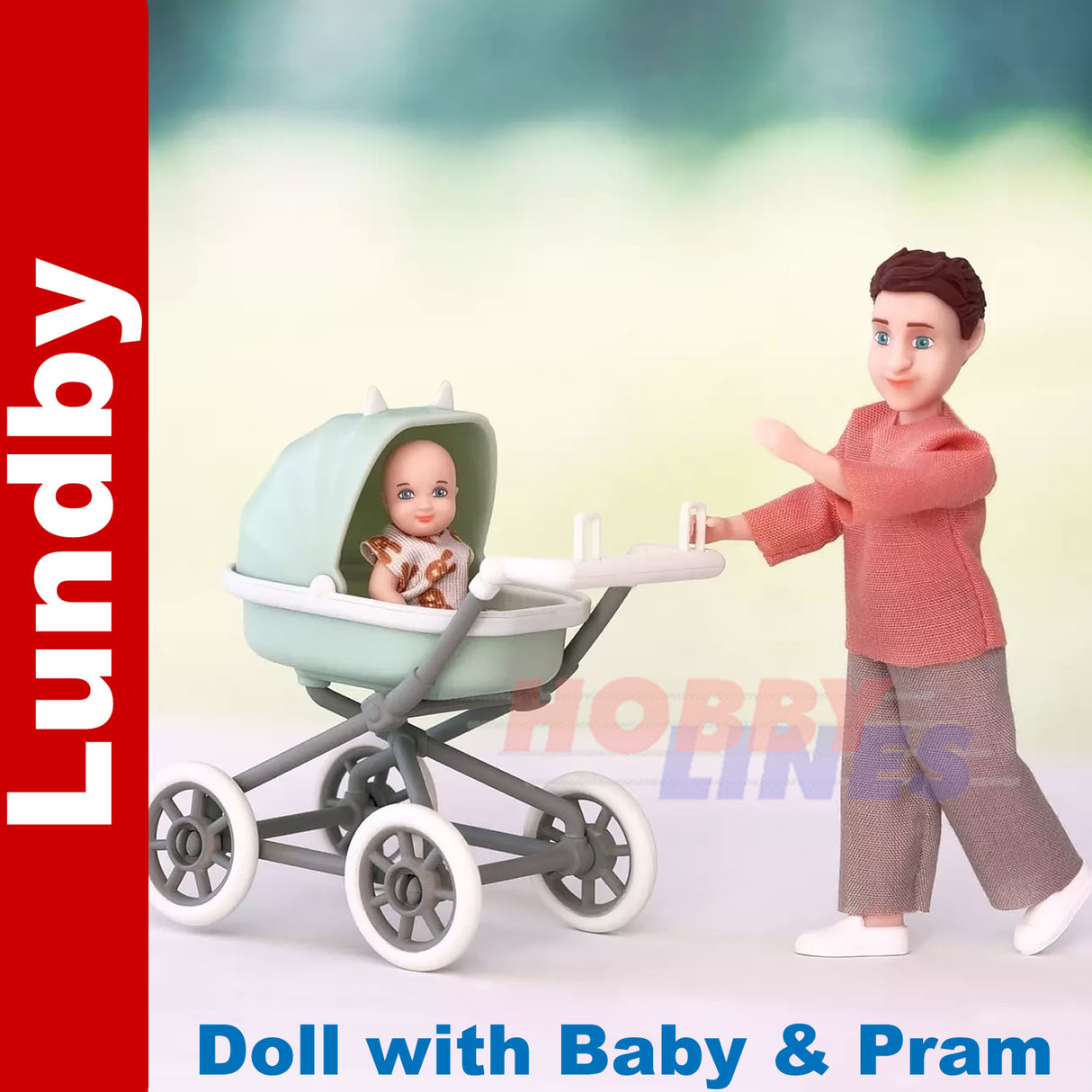 LUNDBY FIGURE with PRAM & BABY Doll's House 1:18th jointed LUNDBY Sweden