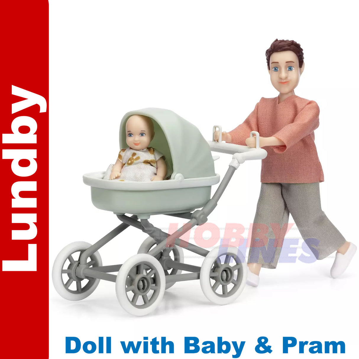 LUNDBY FIGURE with PRAM & BABY Doll's House 1:18th jointed LUNDBY Sweden