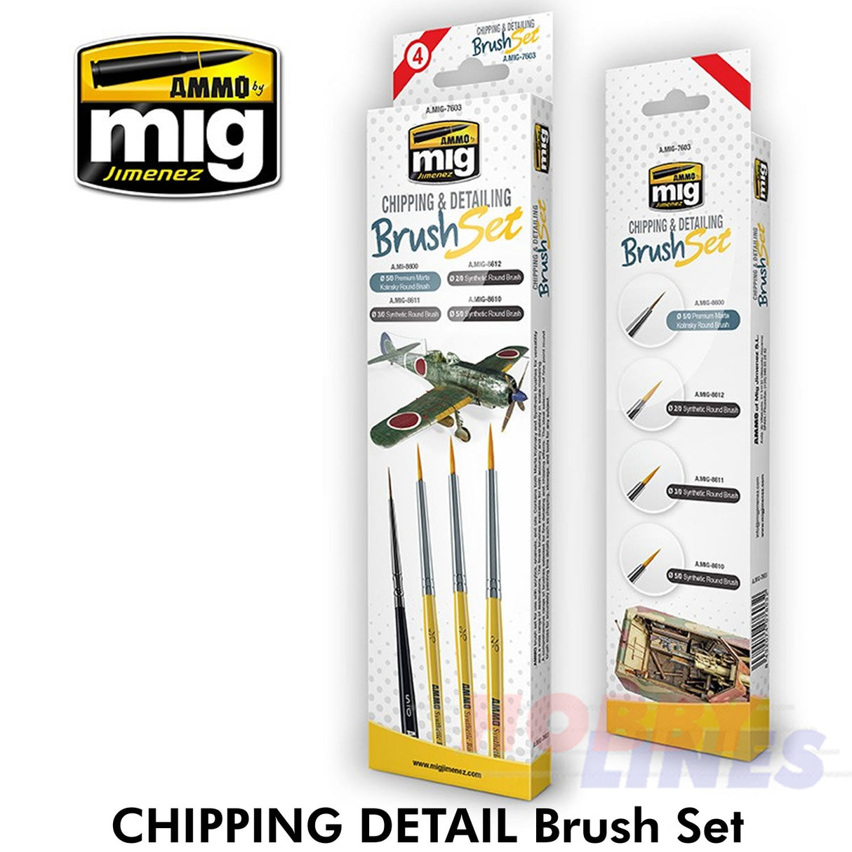 CHIPPING & DETAILING BRUSH SET 4 synthetic brushes AMMO Mig Jimenez Mig7603