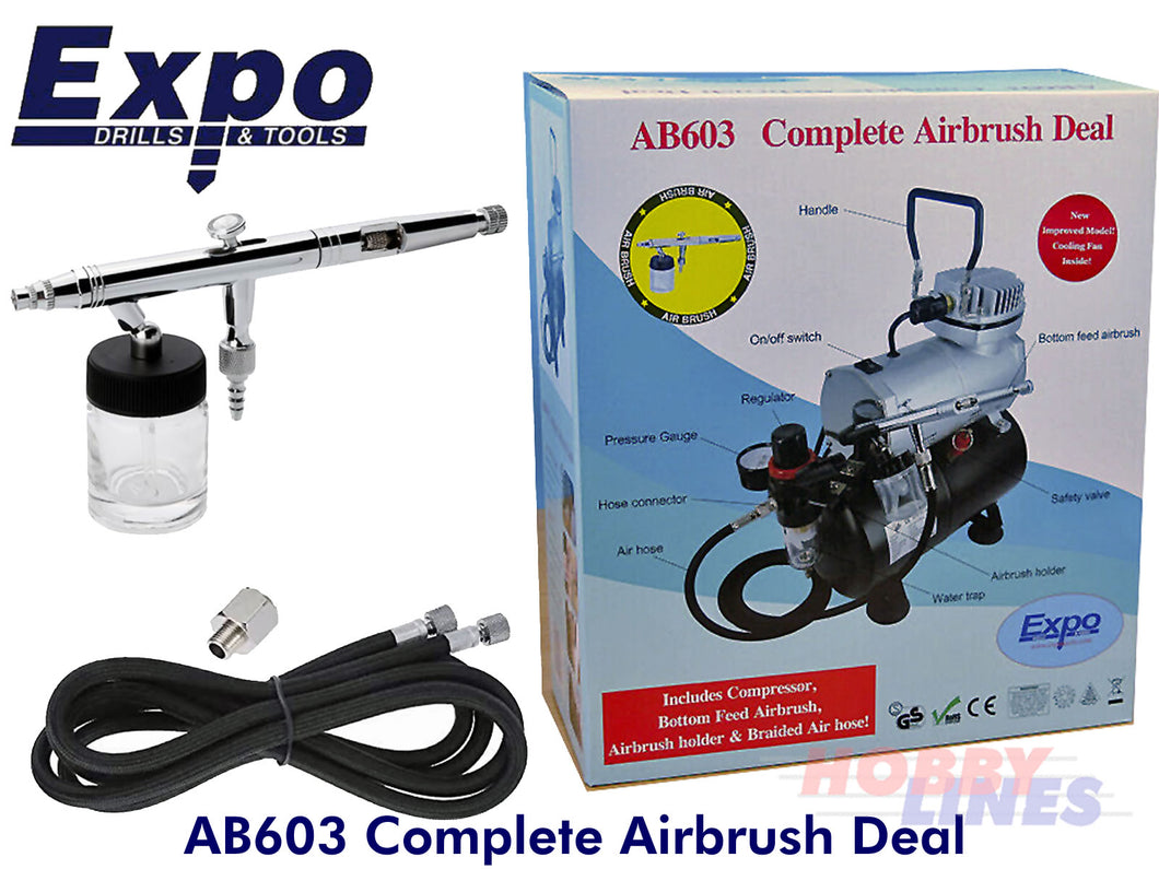 Airbrush & Compressor Deal Bottom Feed with Oil Less Piston EXPO TOOLS AB603