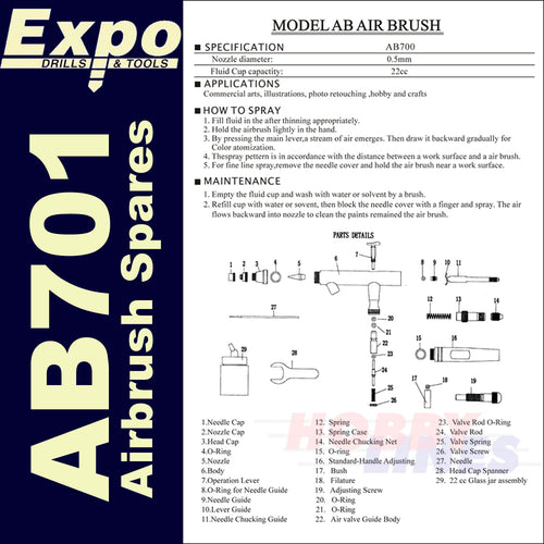 Spare Parts for Expo AB701 Airbrush Full List EXPO TOOLS