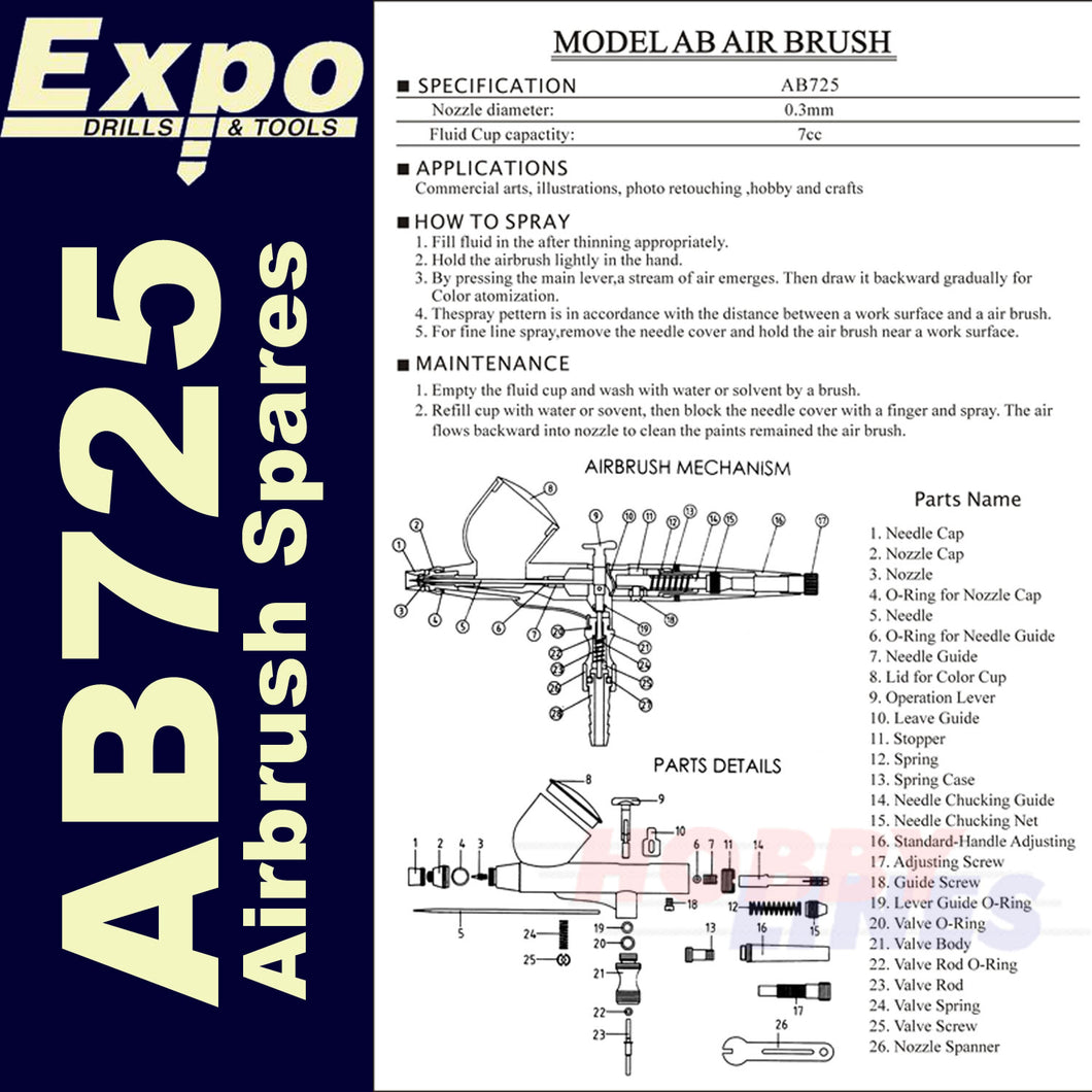 AB725 AIRBRUSH Spares Full Range Gravity Feed Original Parts Expo Tools