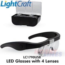 Load image into Gallery viewer, LED Glasses 4 lenses Magnification 1.5x 2.5x 3.5 5.0x LightCraft LC1790 USB
