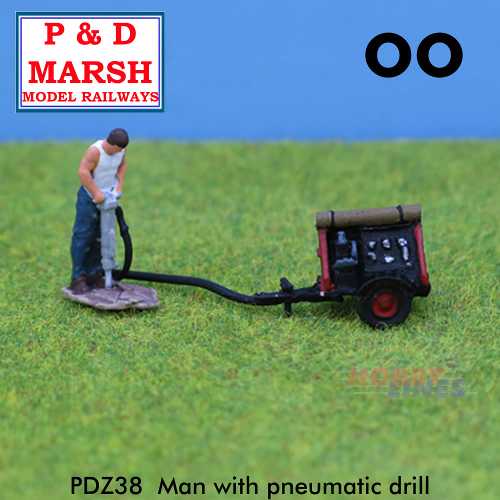 MAN with PNEUMATIC DRILL & COMPRESSOR Painted figure P&D Marsh OO gauge Z38