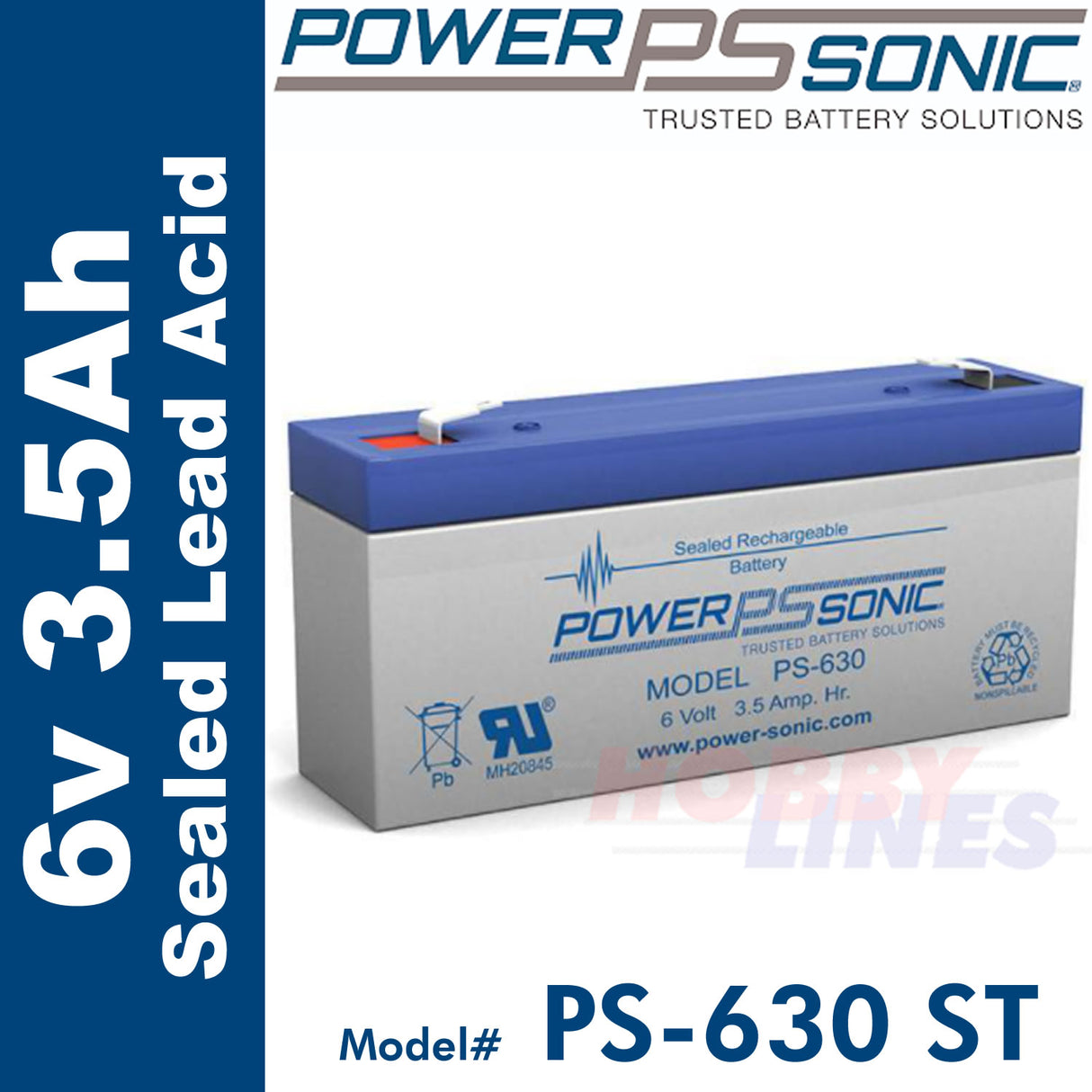 Power-Sonic PS-630 ST 6V 3.5Ah Sealed Lead Acid Rechargeable Battery GP series