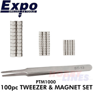 100pc Neodymium Magnet & Non-magnetic Tweezers Set Expo Tools PTM1000