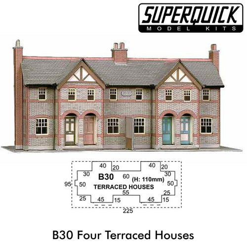 FOUR TERRACED HOUSES 1:72 OO HO Gauge Railway Building Series B B30 SuperQuick